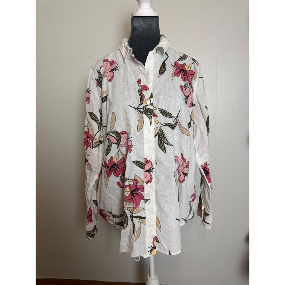 Linen Blend Floral Lily Print Button Down Shirt euro summer Lagenlook boho M
